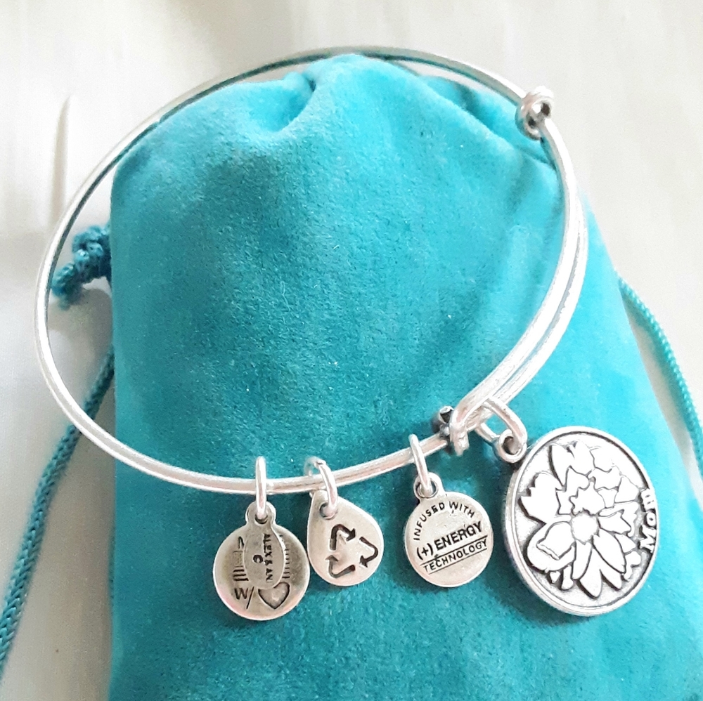 Alex and Ani MOM FLORAL Silver Charms Bangle Bracelet Adjustable…
